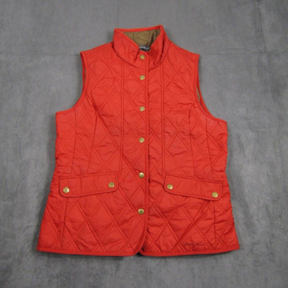 Eddie Bauer Quilted Vest Women Small Red Diamond Stitch Snap Front Pockets